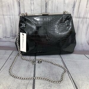 BCBGeneration Vienna Black Shoulder Bag Metal Silver Strap Faux Crocodile